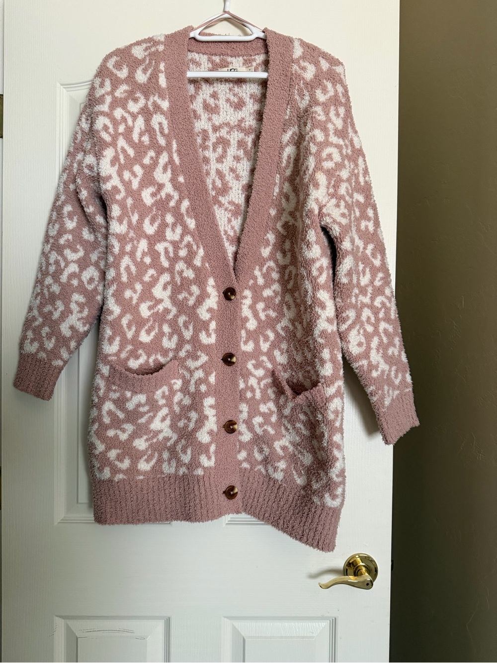 UGG Dusty Rose and White Leopard Print Button Cardigan